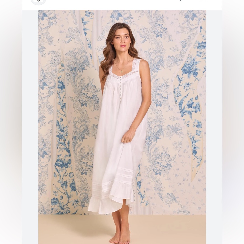 Eileen West White Embroidered Button Front Sleeveless Maxi Embroidered Nightgown